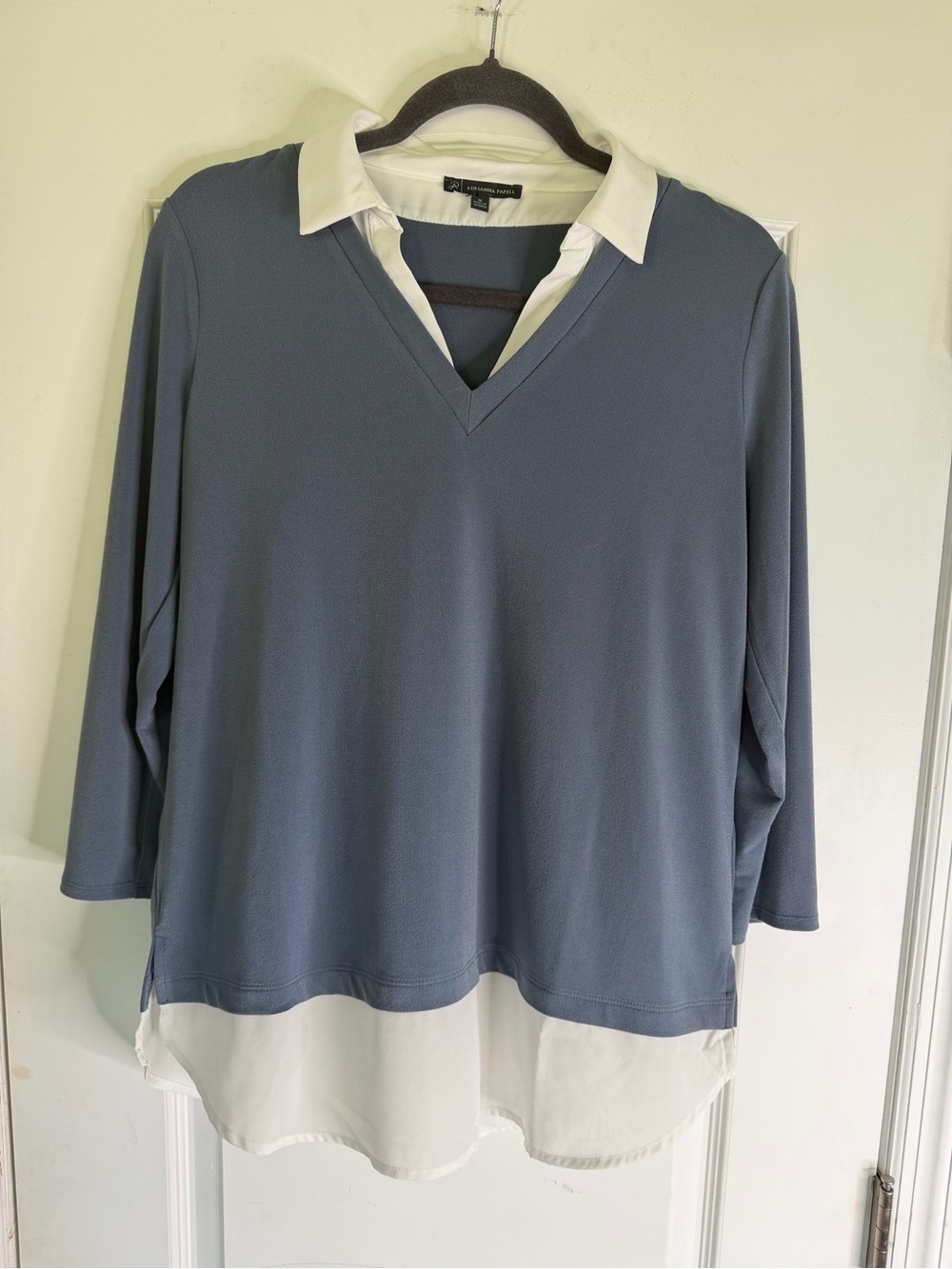 Adrianna Papell Blue V-Neck  Faux Layered Tunic with White Shirt Detail. Size M